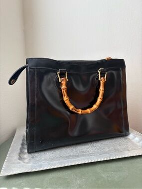 Black Tote Bag with Bamboo Handles